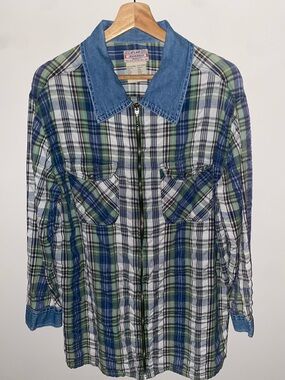 At Last Blue and Green Plaid Zip-Front Shirt Jacket with Denim Collar